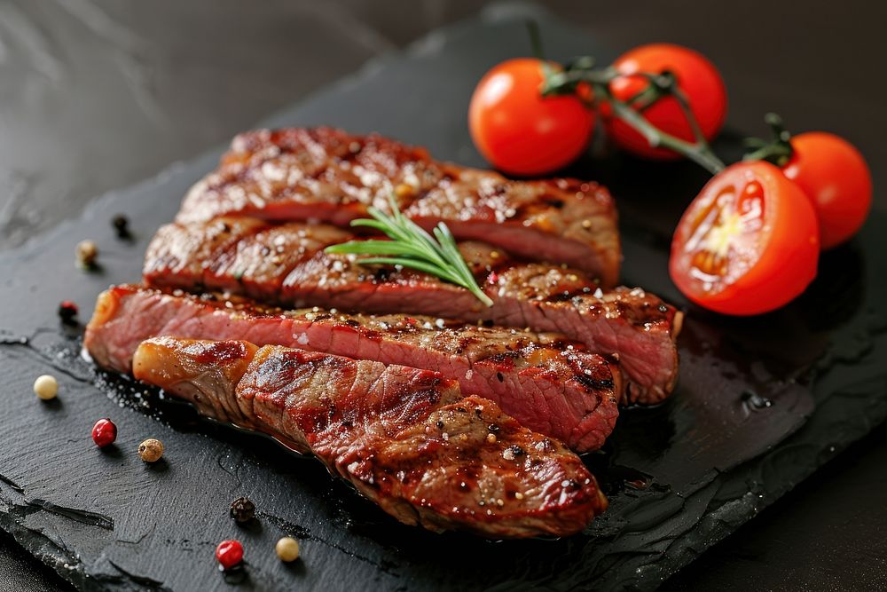 Medium rare beef vegetable grilled steak.