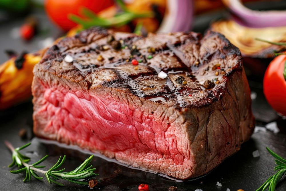 Medium rare beef vegetable grilled steak.