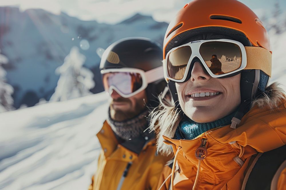 Couple skiing on mountain outdoors photo face.