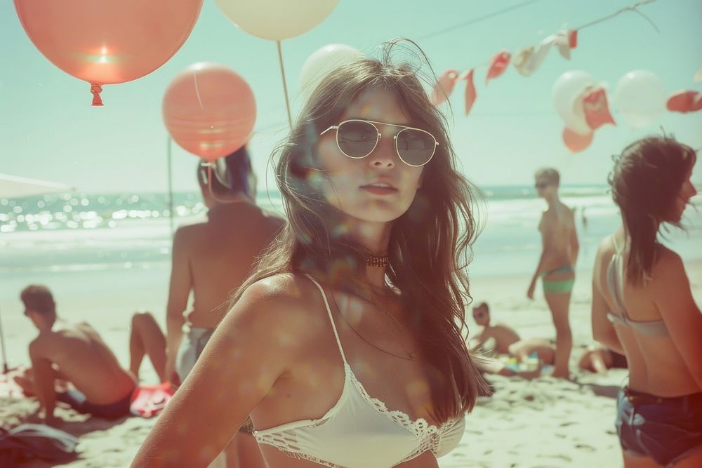 Woman party on beach photography sunglasses swimwear.