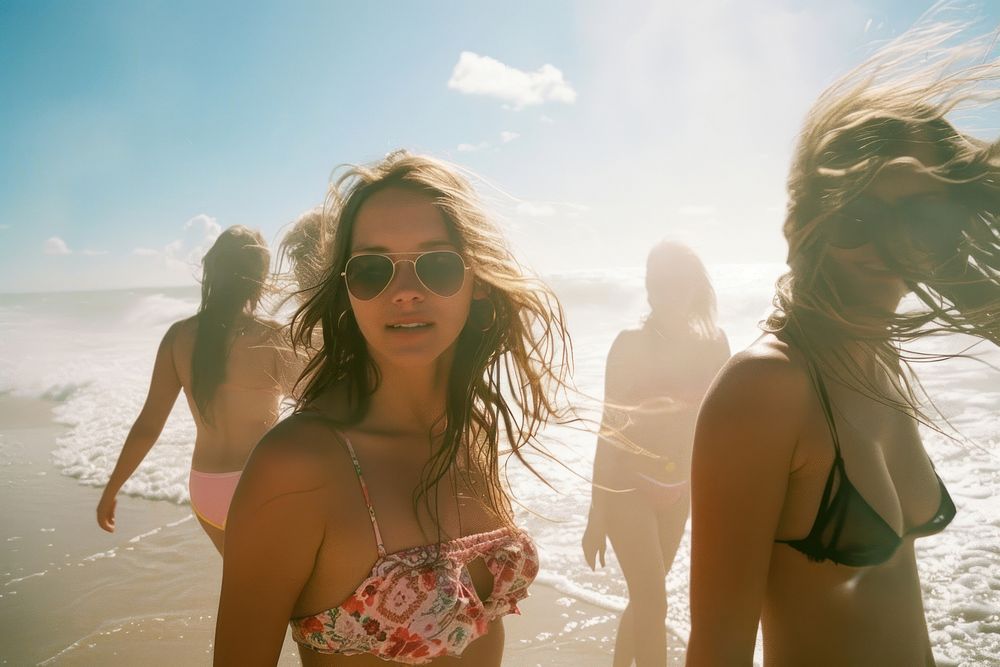 Woman party on beach sunglasses swimwear vacation.