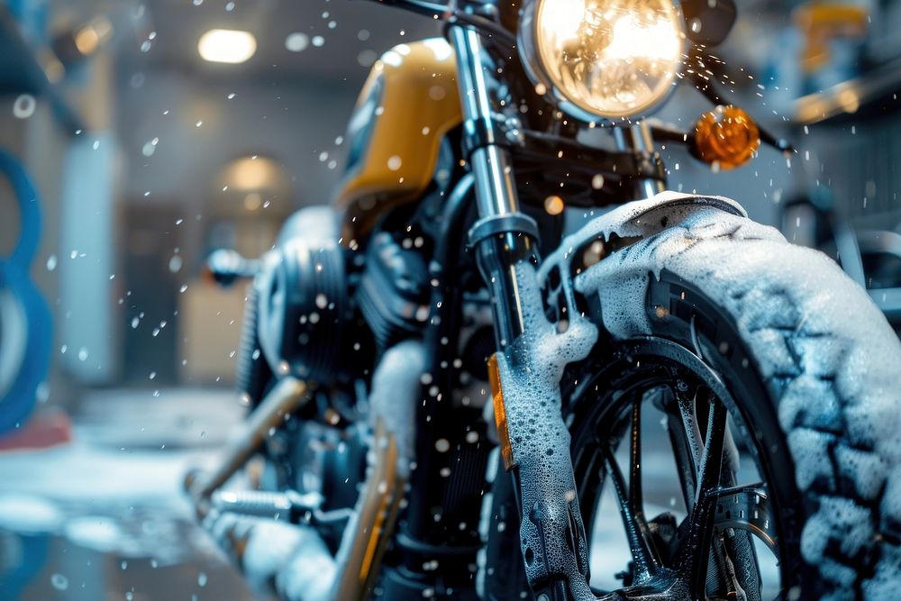 Motorcycle car wash with soap foam transportation headlight vehicle.