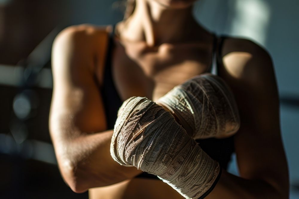 Boxing hand wraps determination bodybuilding exercising.