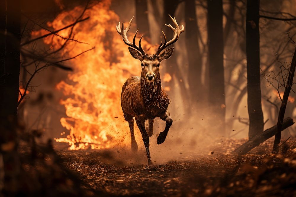 Deer fleeing a fire wildlife forest animal.
