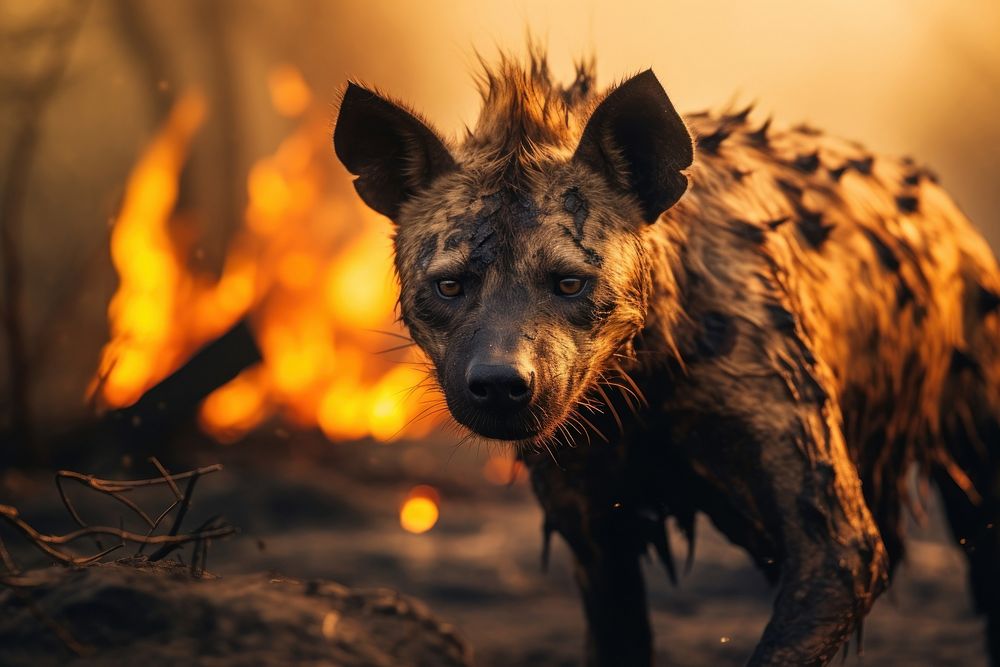 Hyena-like dog in the burning wildlife mammal animal.
