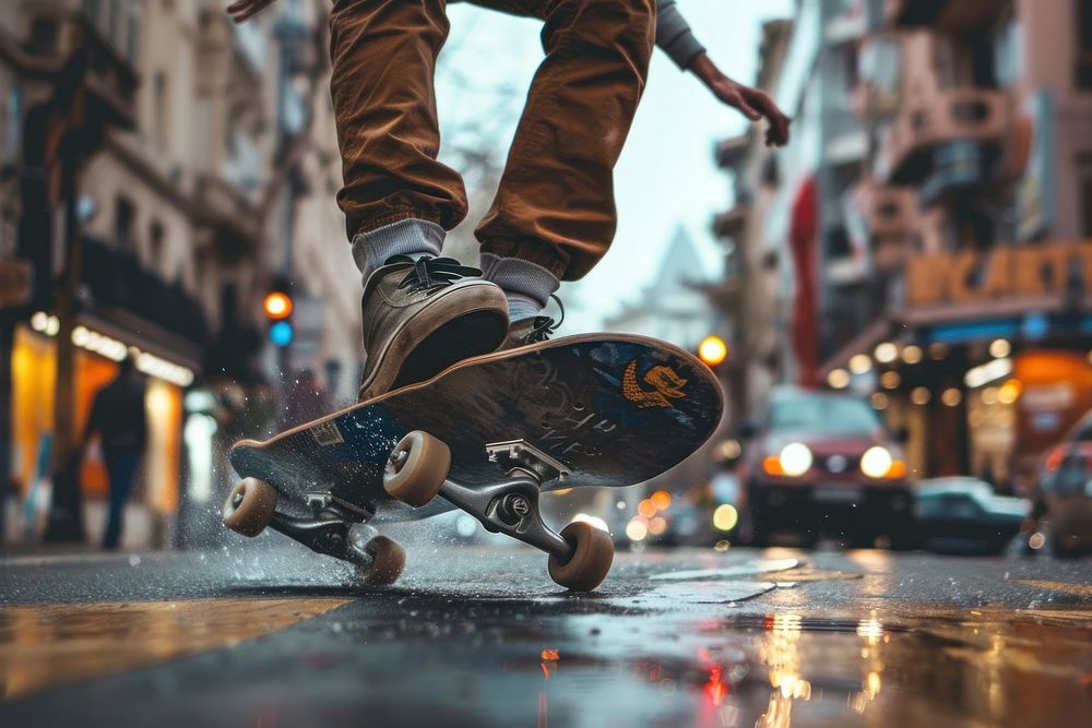 Skateboarder skateboarding vehicle street transportation.