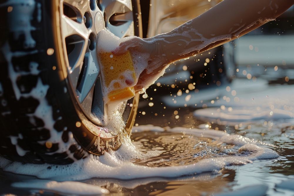 Washing car wheel hand transportation automobile.