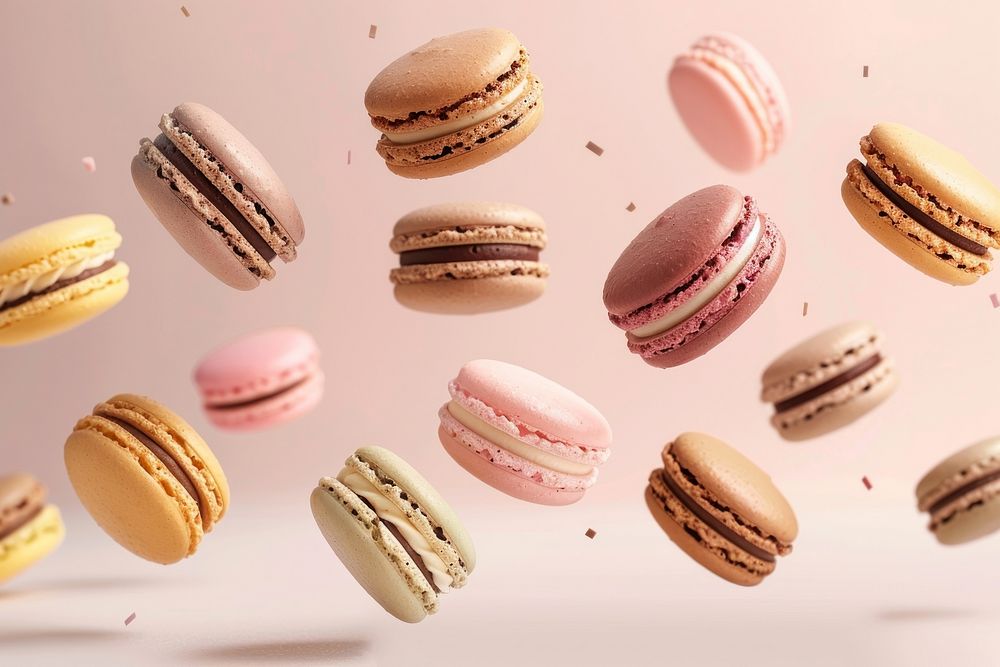 Macarons floating food confectionery medication.