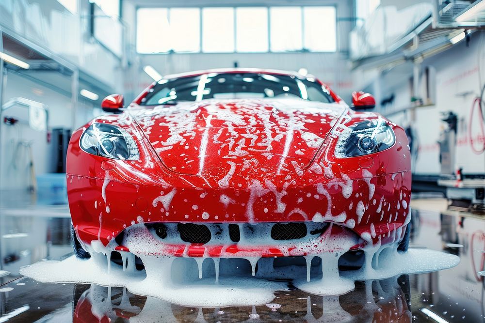 Washing service with soap foam car transportation automobile.