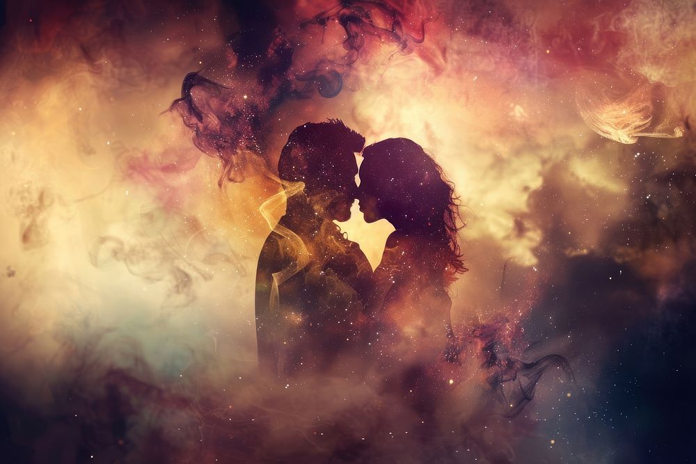 Couple kissing adult space.