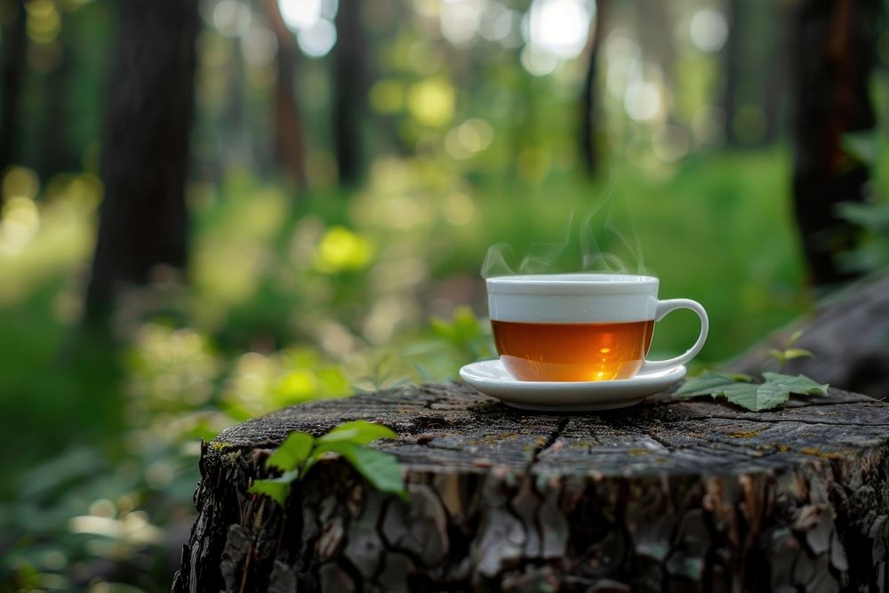 Tea on tree stump saucer plant drink.