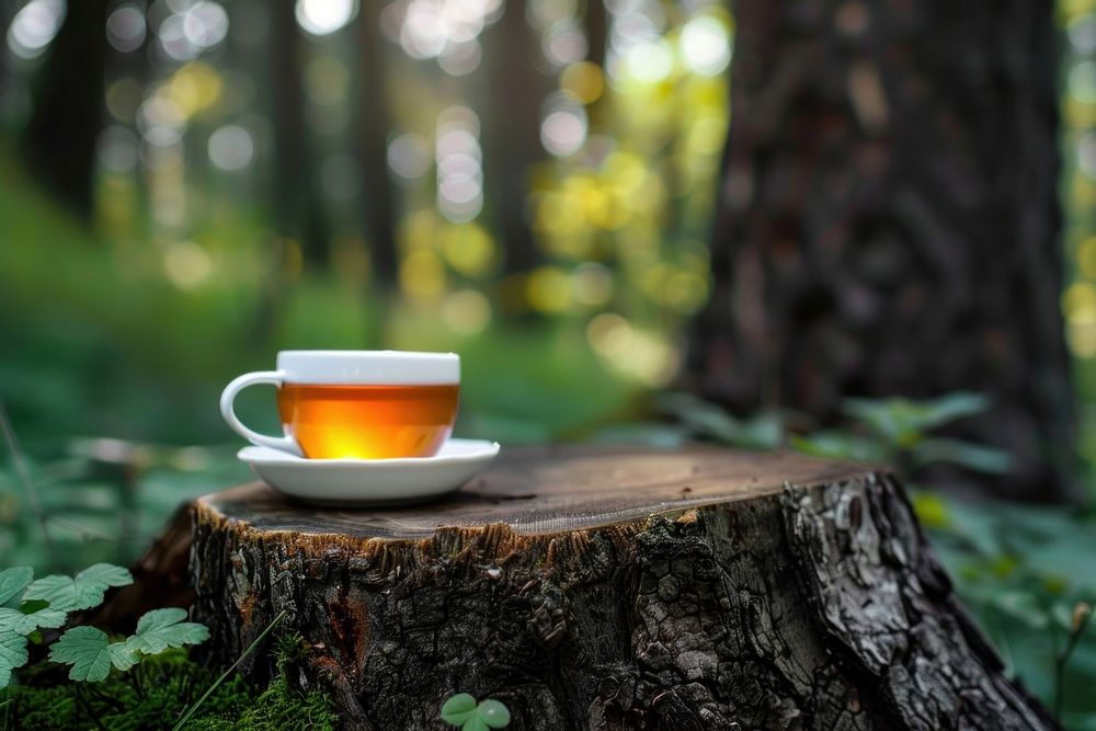 Tea on tree stump saucer plant drink.