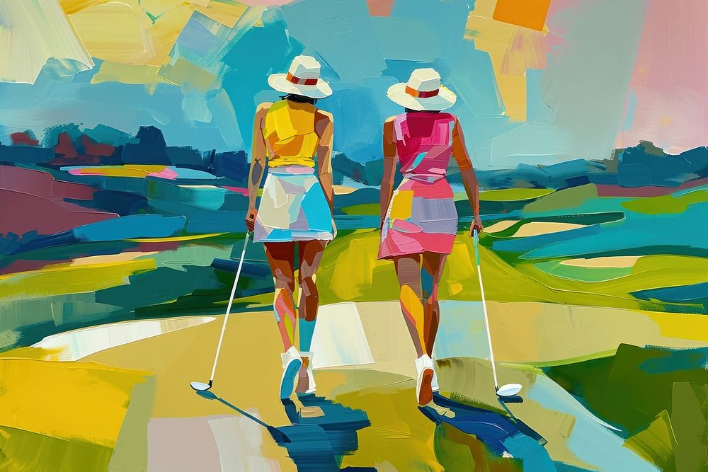 Walking on a golf course painting adult woman.