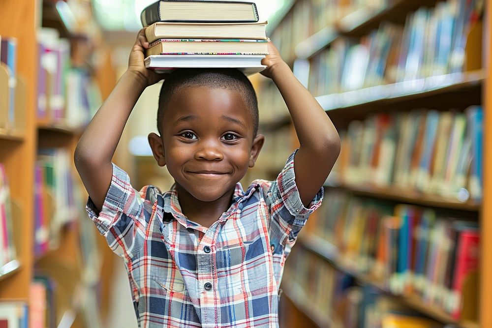 Black child lifts a book and places it on his head library publication reading.
