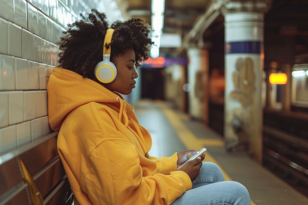 Happy women affrican people traveler waiting subway sitting headphones listening.