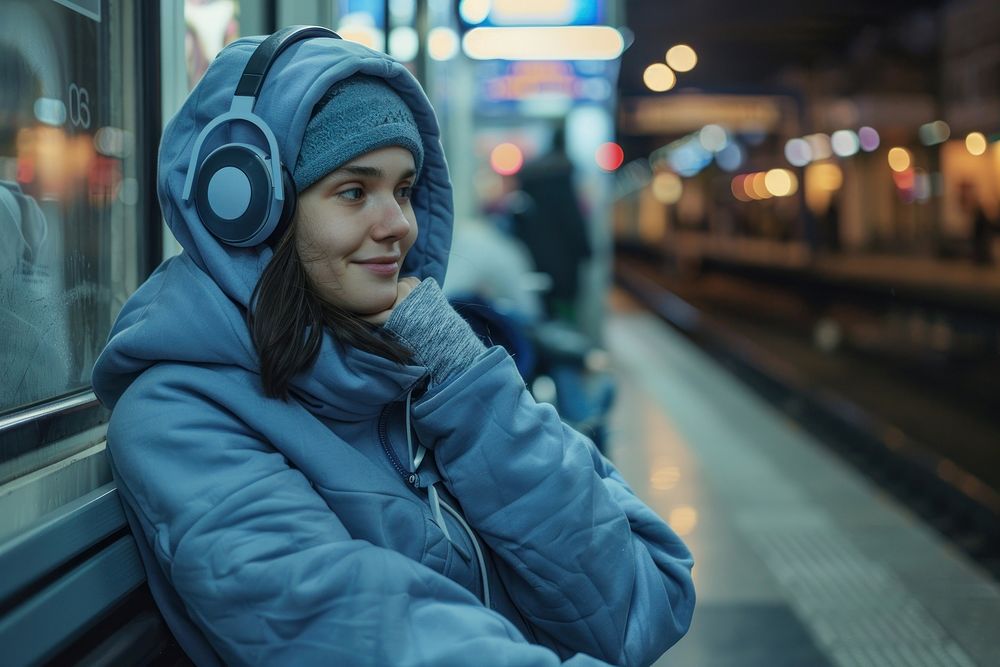 Happy women people traveler waiting the subway headphones listening portrait.