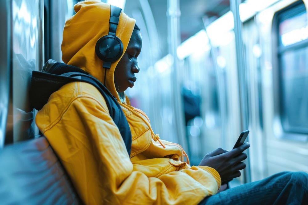 Happy yong boy affrican people traveler waiting subway sitting headphones listening.