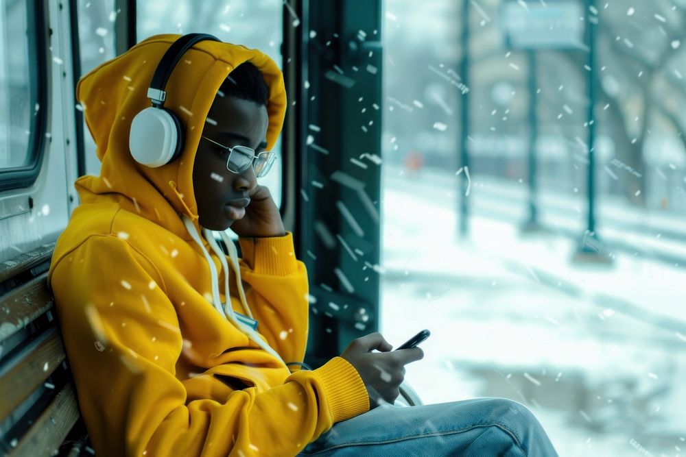 Happy yong boy affrican people traveler waiting subway sitting listening winter.