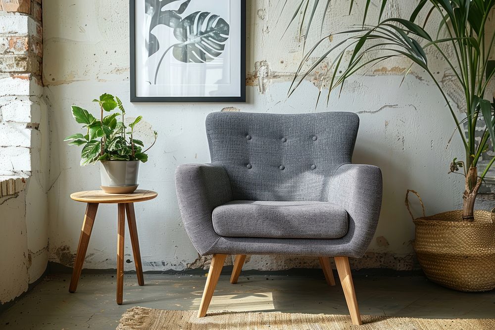 Grey armchair plant furniture painting.