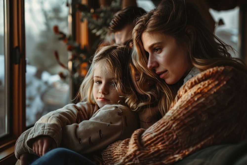 Person interacting with family worried hugging female.