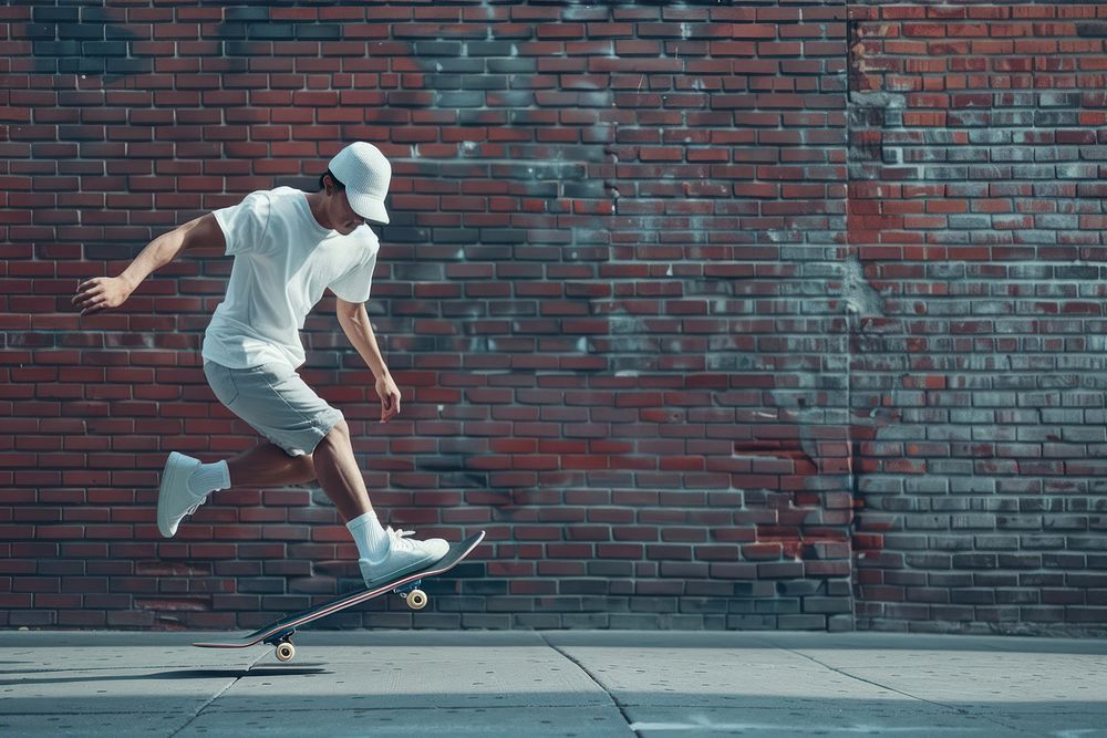 Riding a skateboard brick footwear jumping.