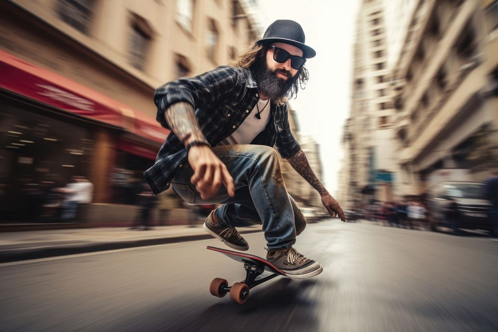 Riding a skateboard street footwear vehicle.