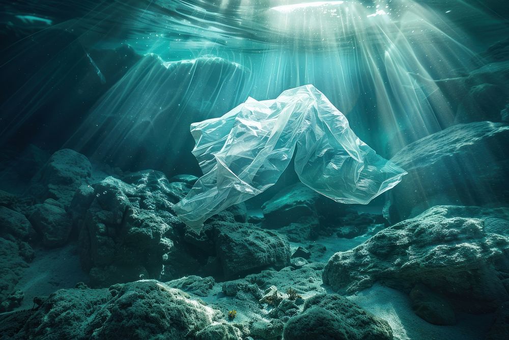 Plastic bag half under the sea underwater outdoors nature.