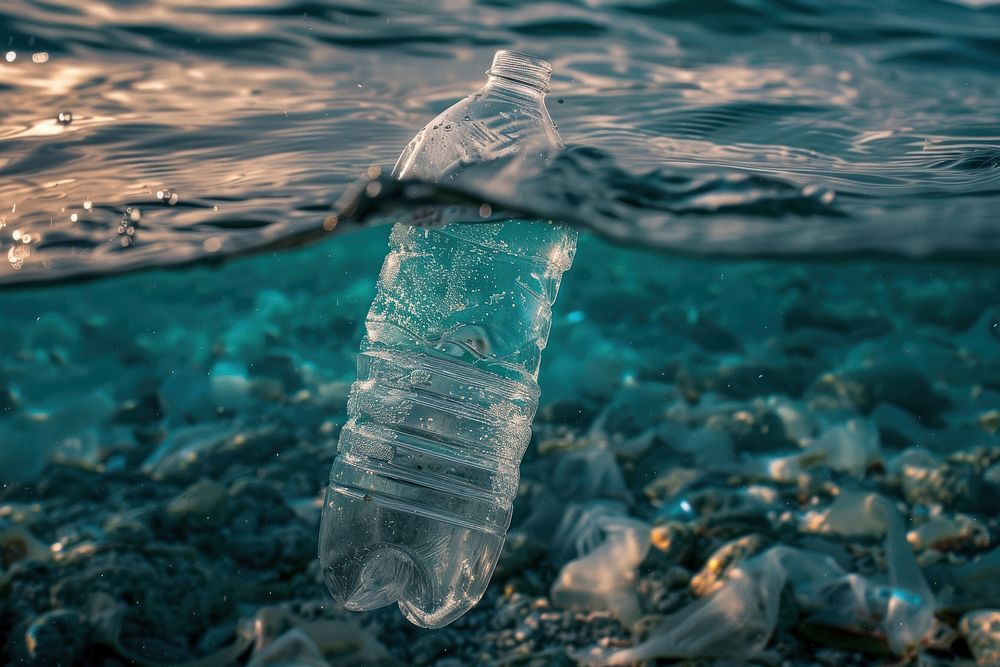 Closeup of a plastic water bottle and bag in the sea underwater outdoors nature.