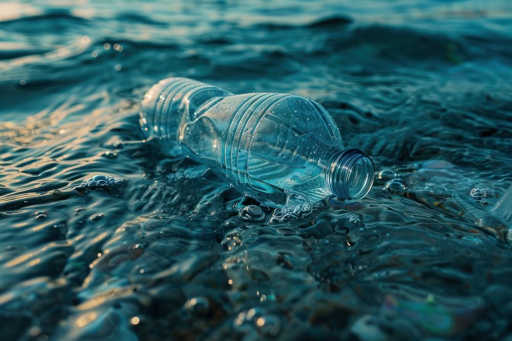 Closeup of a plastic water bottle and bag in the sea outdoors nature light.