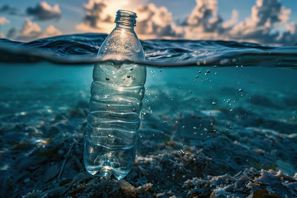Closeup of a plastic water bottle in the sea outdoors nature refreshment.