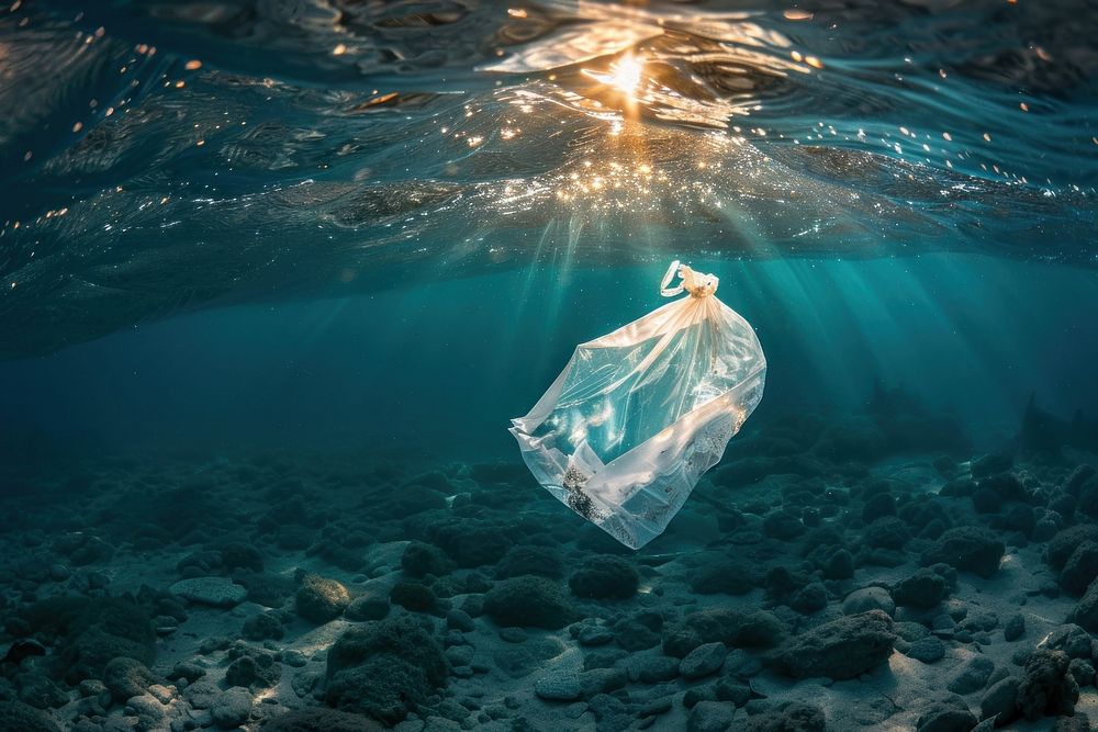 Plastic bag floating in the sea half under the sea underwater outdoors nature.