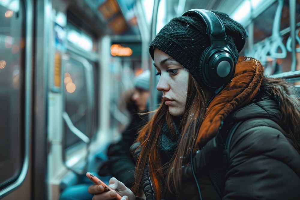 Women people traveling on the subway headphones adult electronics.