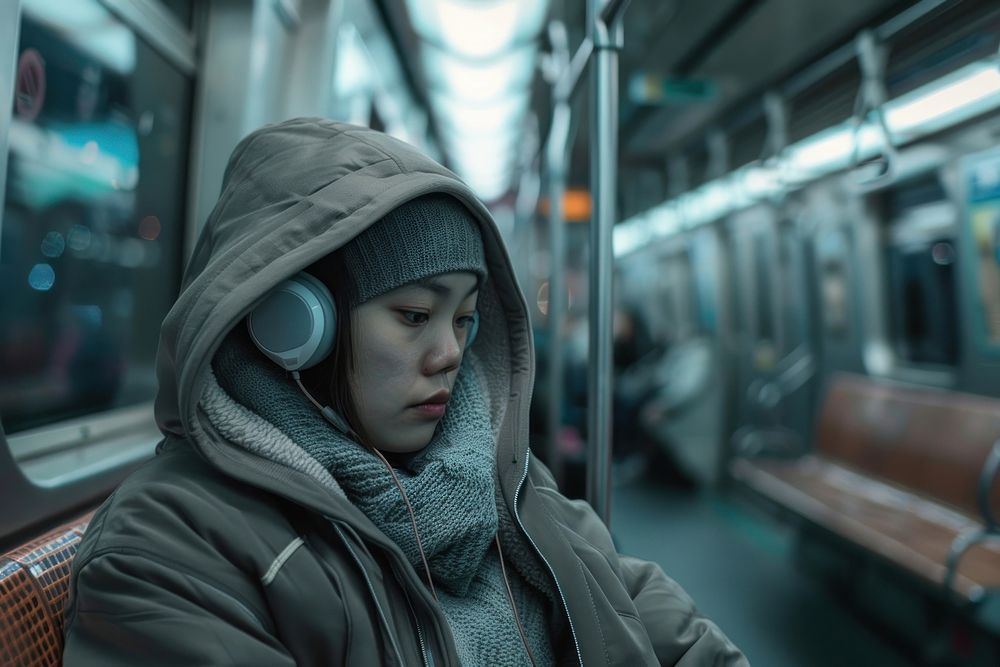 People traveling on the subway in winter time portrait hoodie head.