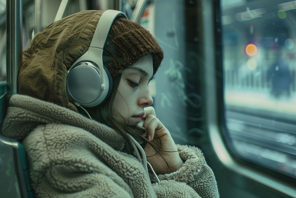People traveling on the subway in winter time headphones headset adult.