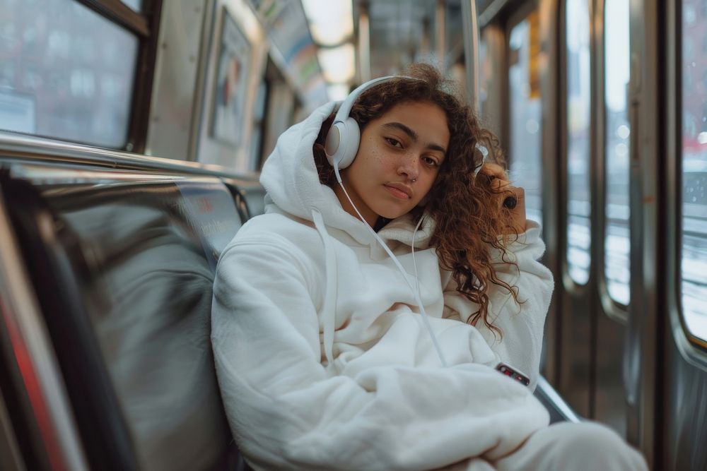 Women people traveling on the subway headphones listening sitting.