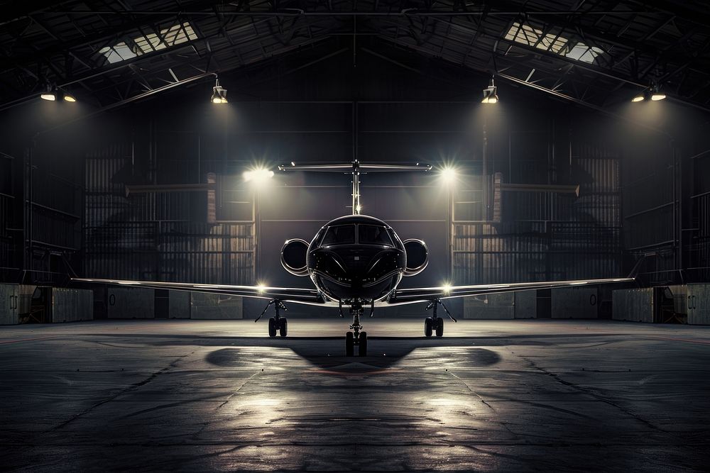 Airplane in black Warehouse architecture aircraft building.