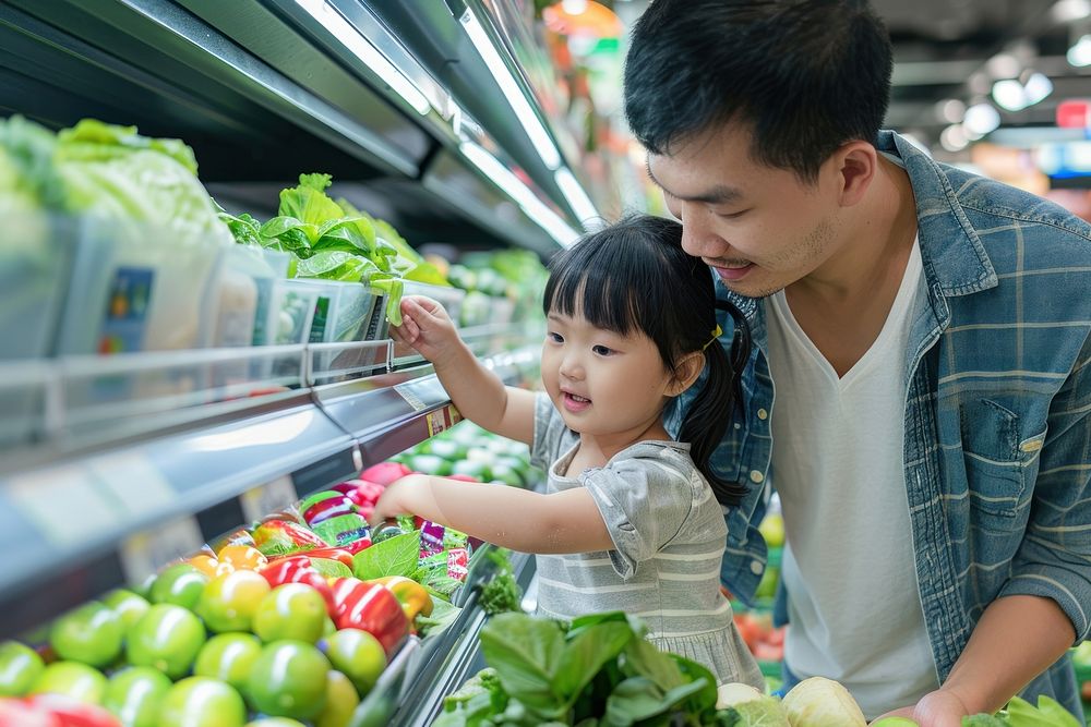 Father with cute little daughter grocery shopping market supermarket vegetable.
