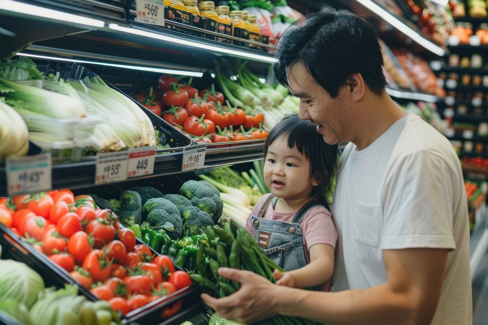 Father with cute little daughter grocery shopping supermarket vegetable organic.