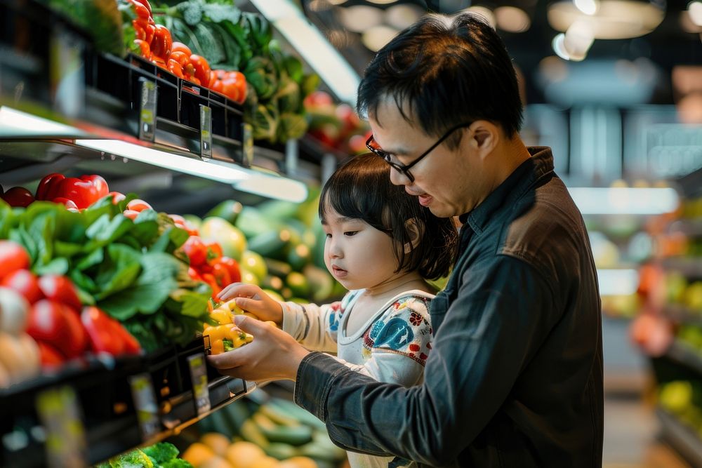 Father with cute little daughter grocery shopping supermarket vegetable organic.