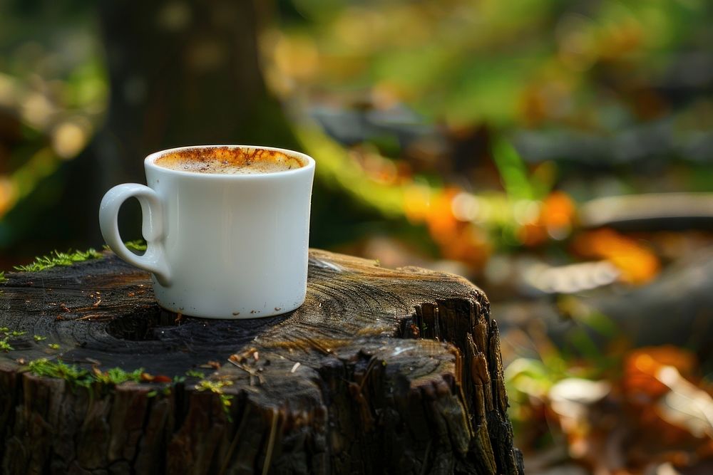 Coffee on tree stump drink plant cup.