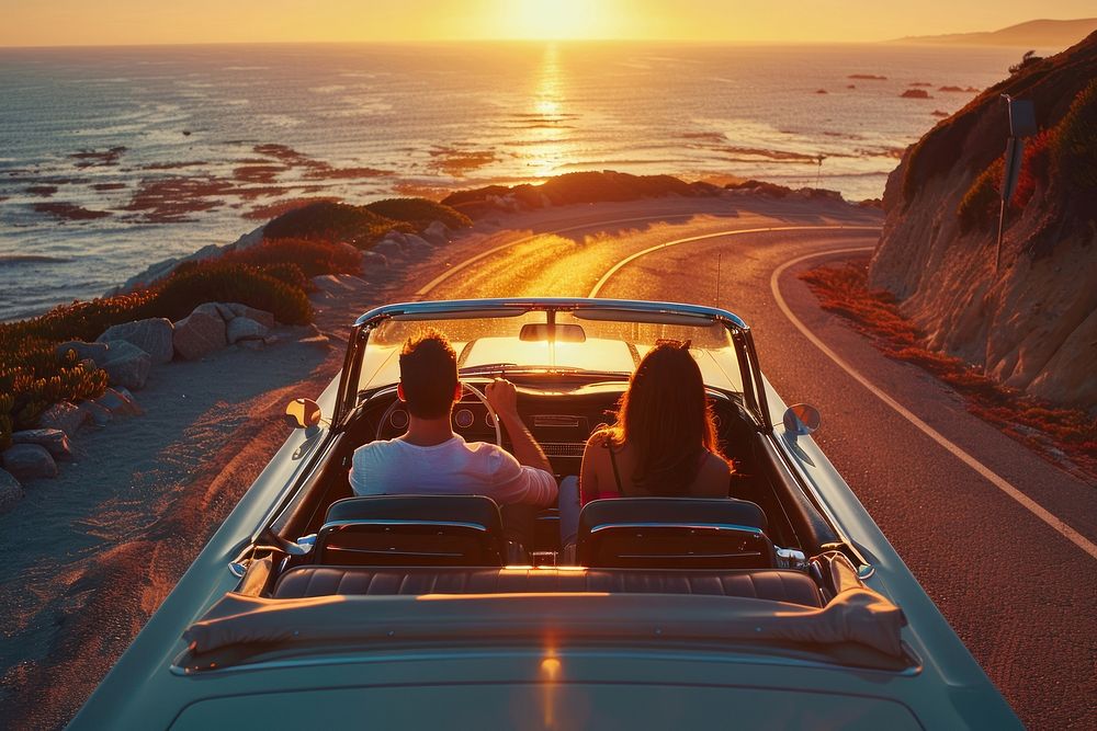 Couple driving convertible outdoors vacation.