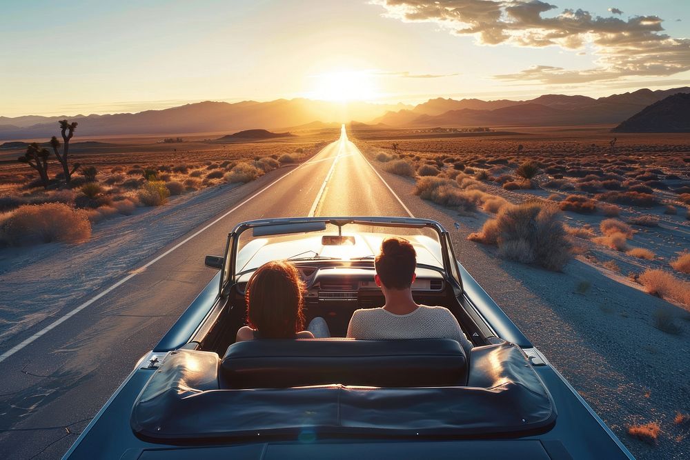 Couple driving vacation vehicle sunset.