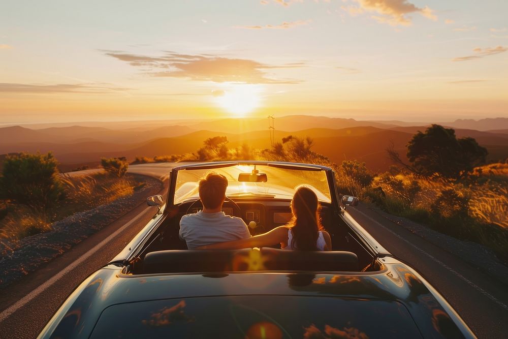 Couple driving vacation vehicle sunset.