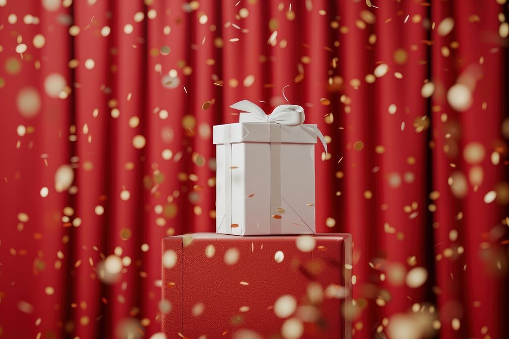 White gift box and gold confetti.