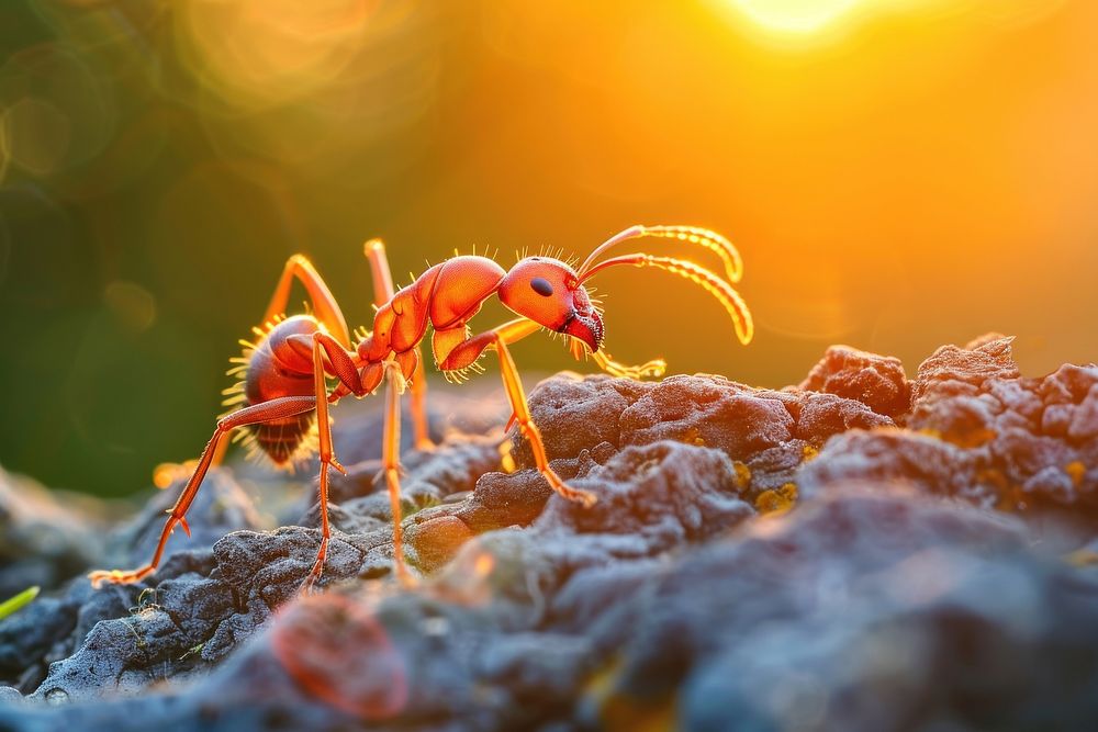 Ant crawls at sunset animal insect magnification.