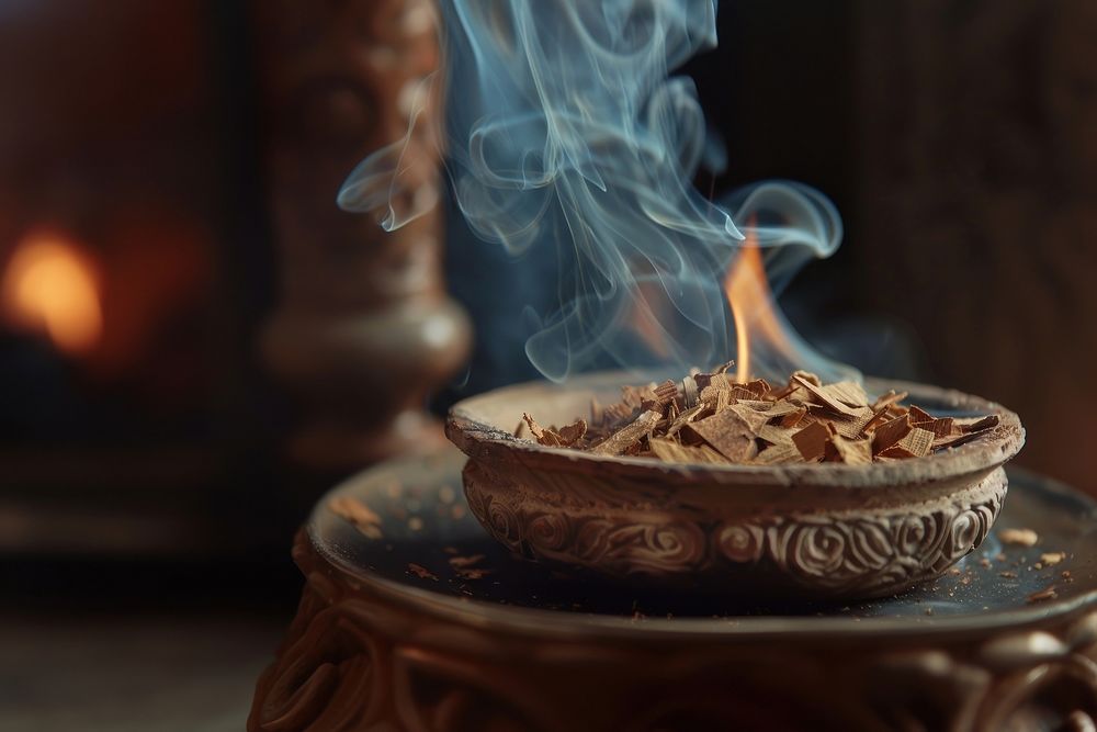 Thin Agarwood Chips incense burning fireplace.