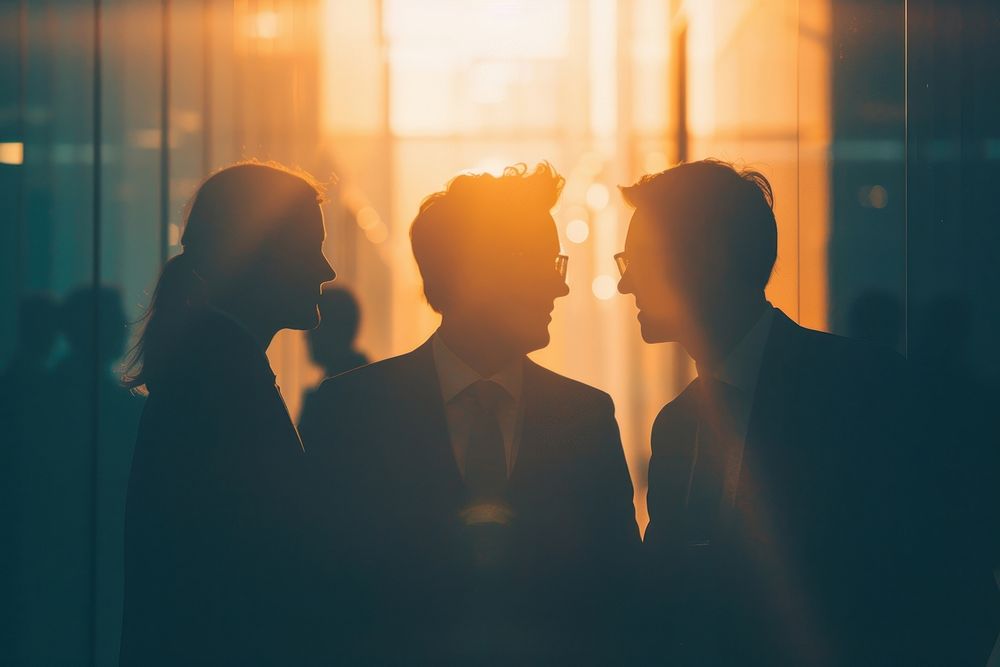 3 Business associates chatting silhouette light adult.
