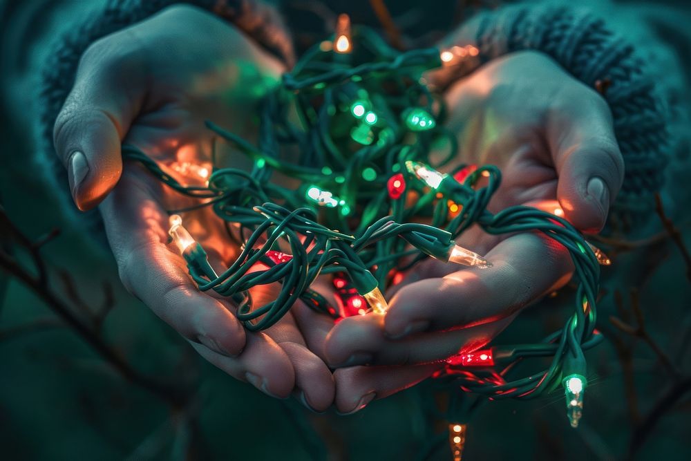 Christmas string lights christmas green hand.