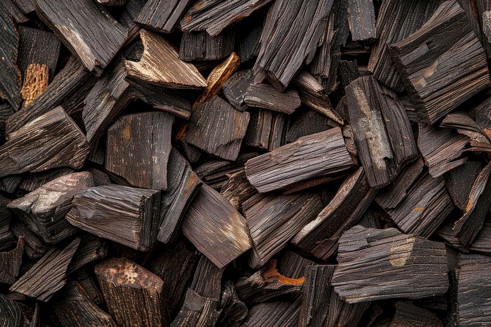 Premium dark Agarwood Chips deforestation backgrounds abundance.