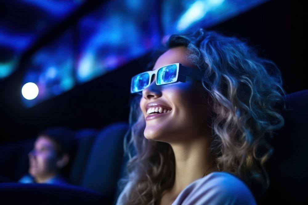 Young woman enjoying while watching movie glasses smiling adult.